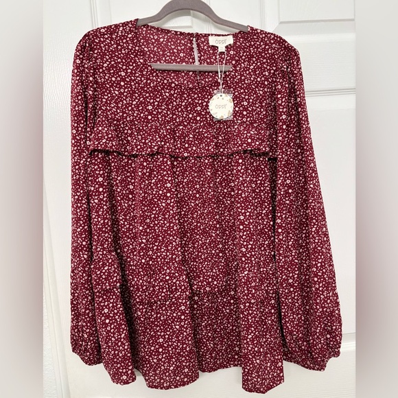 ODDY Tops - ODDY Burgundy Floral Ruffle Blouse 1X